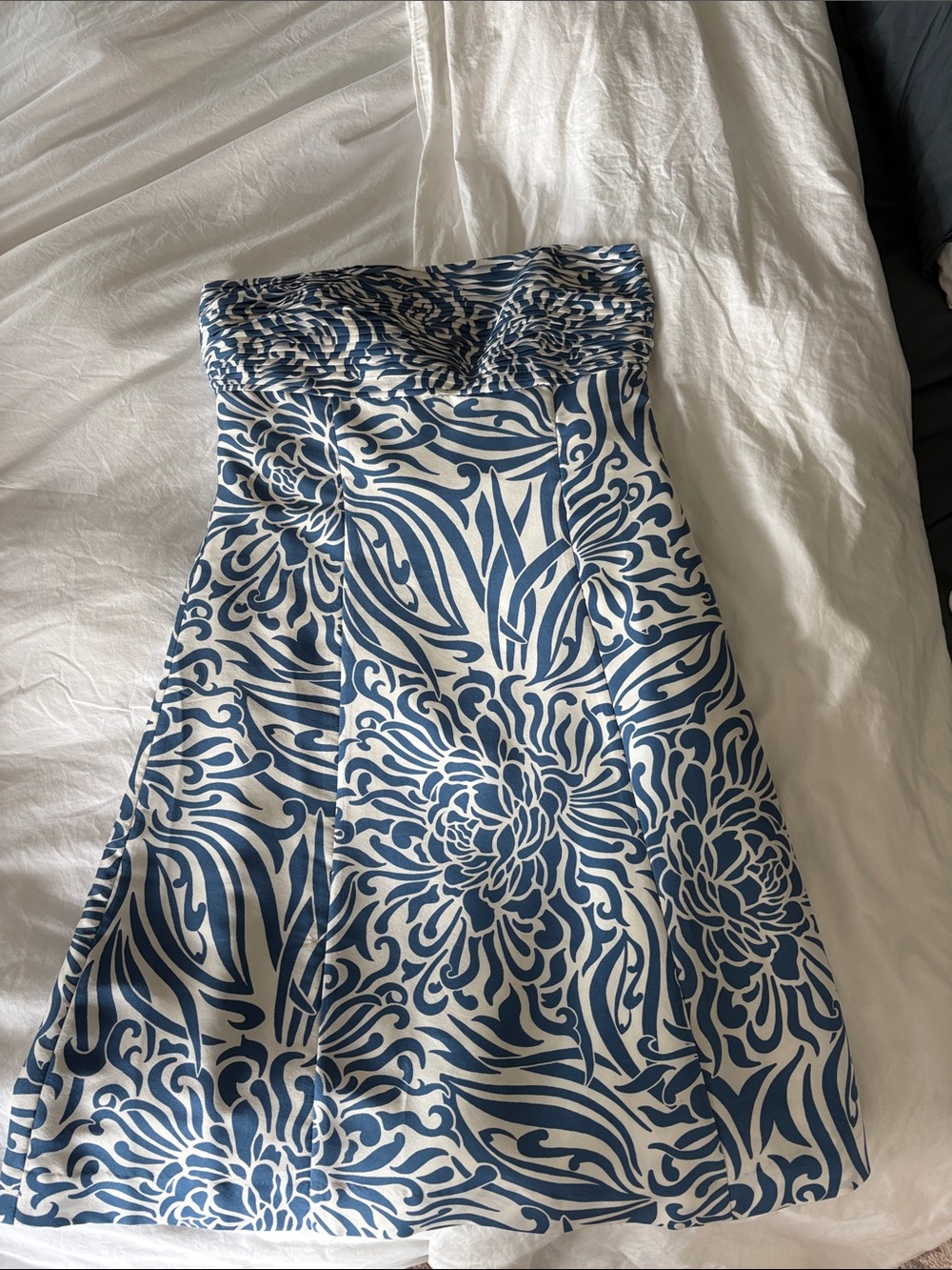 Ann Taylor Silk Strapless Navy and White Floral-Print Sundress